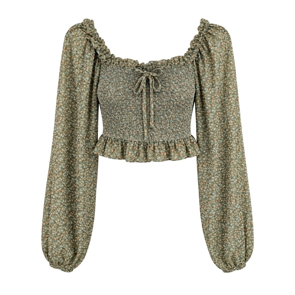 Altard State Womens‎ Small Green Floral Smocked Crop Top Long Sleeve Boho